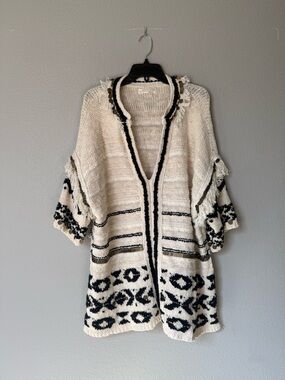 Anthropologie Cream and Black Boho V Neck Knit Cardigan